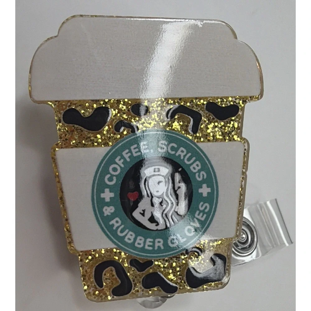 Cute Leopard Coffee Scrub Heart Retractable Badge Reel with ID Clip NEW